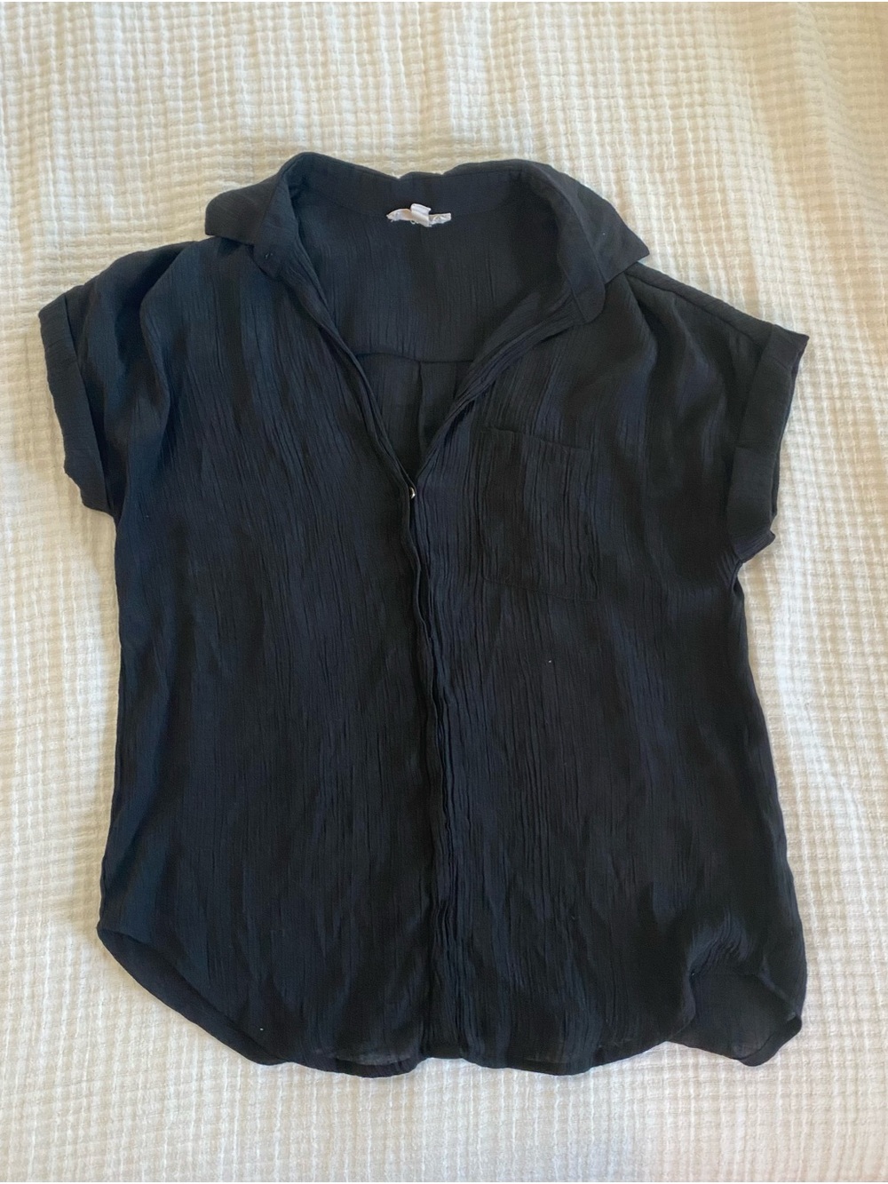 Black Textured Short-Sleeve Button Front Top